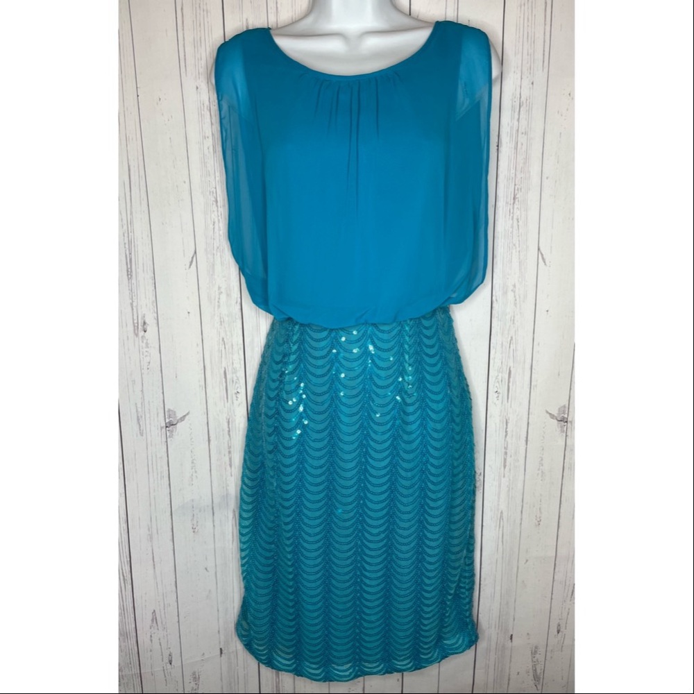 Calvin Klein Women’s Teal Blue Cocktail Dress Chiffon & Sequins